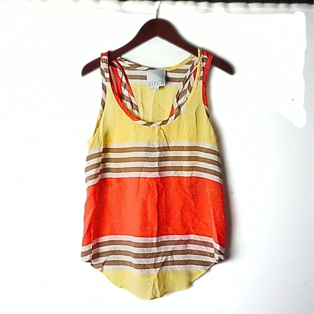 Addison Silk Striped Colorblock Racerback Tank Top Orange Yellow XS